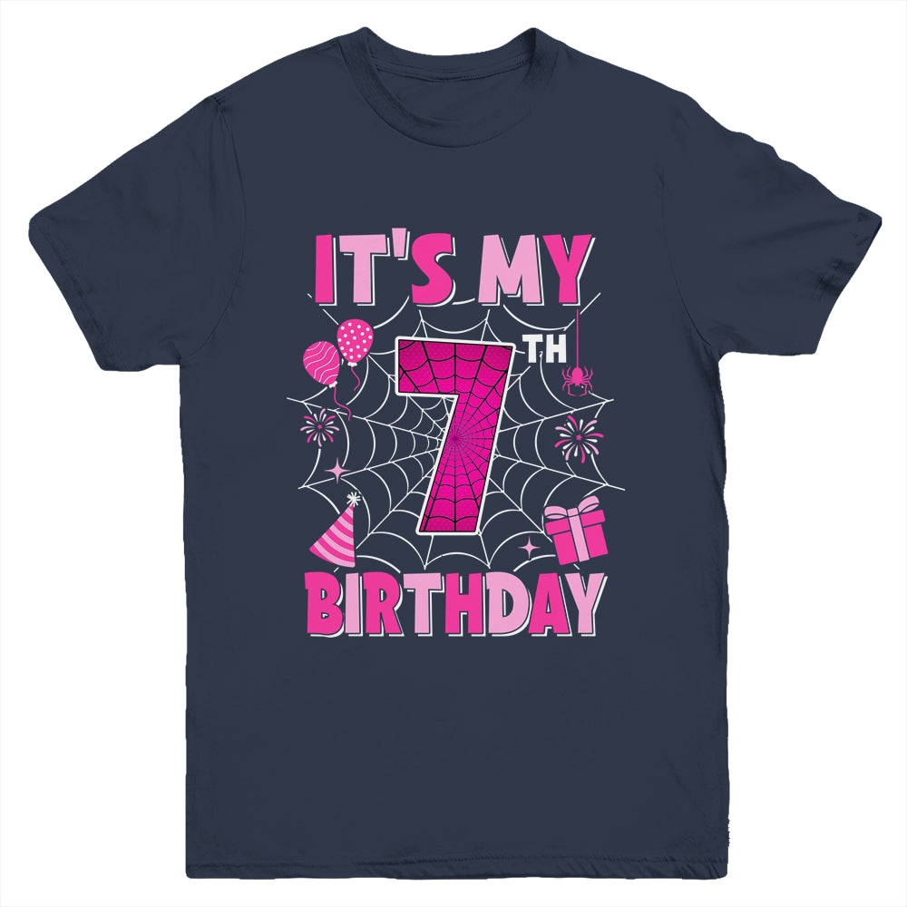 It's My 7th Birthday Spider Web Theme Party 7 Years Old Girl Youth Shirt | siriusteestore