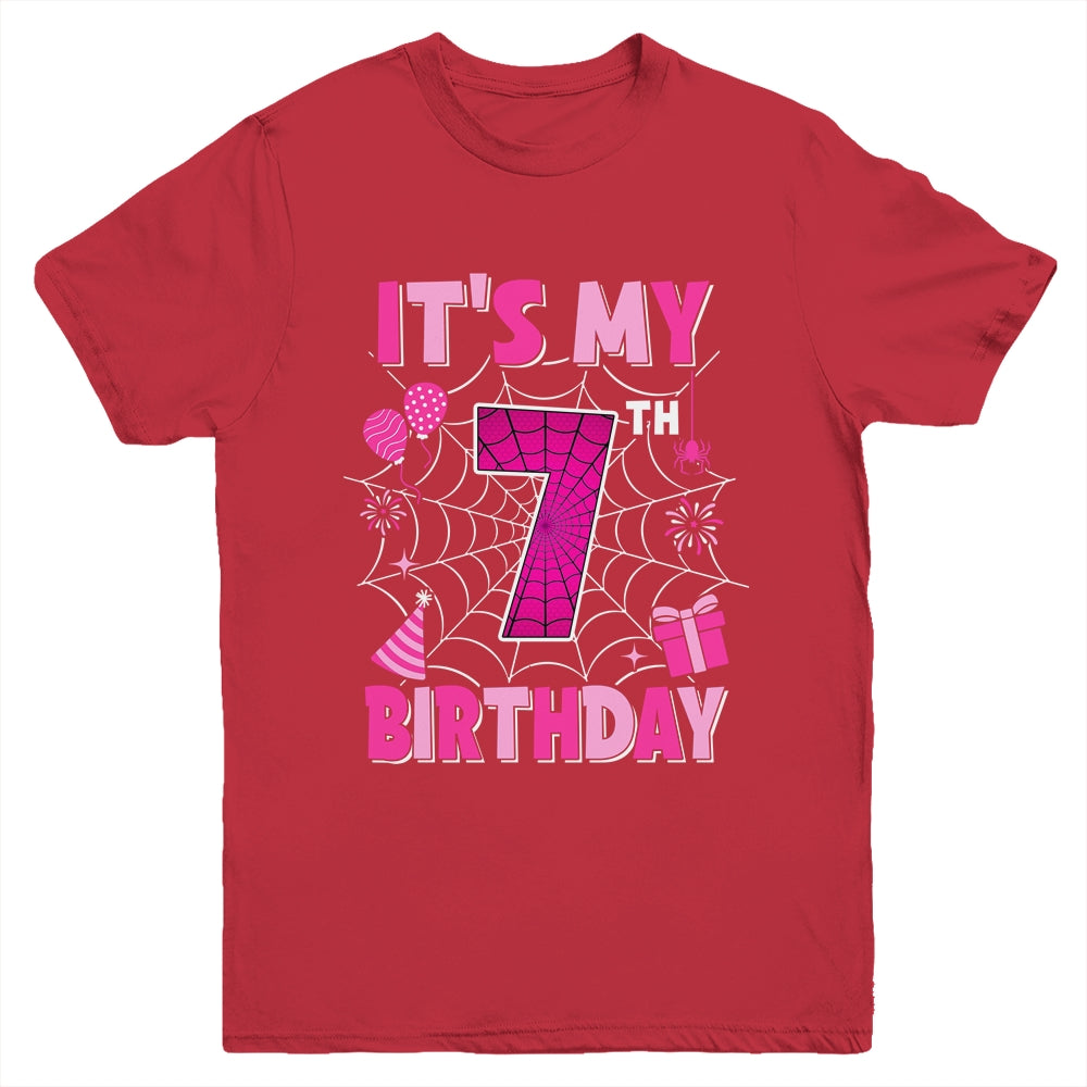 It's My 7th Birthday Spider Web Theme Party 7 Years Old Girl Youth Shirt | siriusteestore