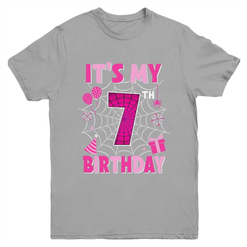 It's My 7th Birthday Spider Web Theme Party 7 Years Old Girl Youth Shirt | siriusteestore