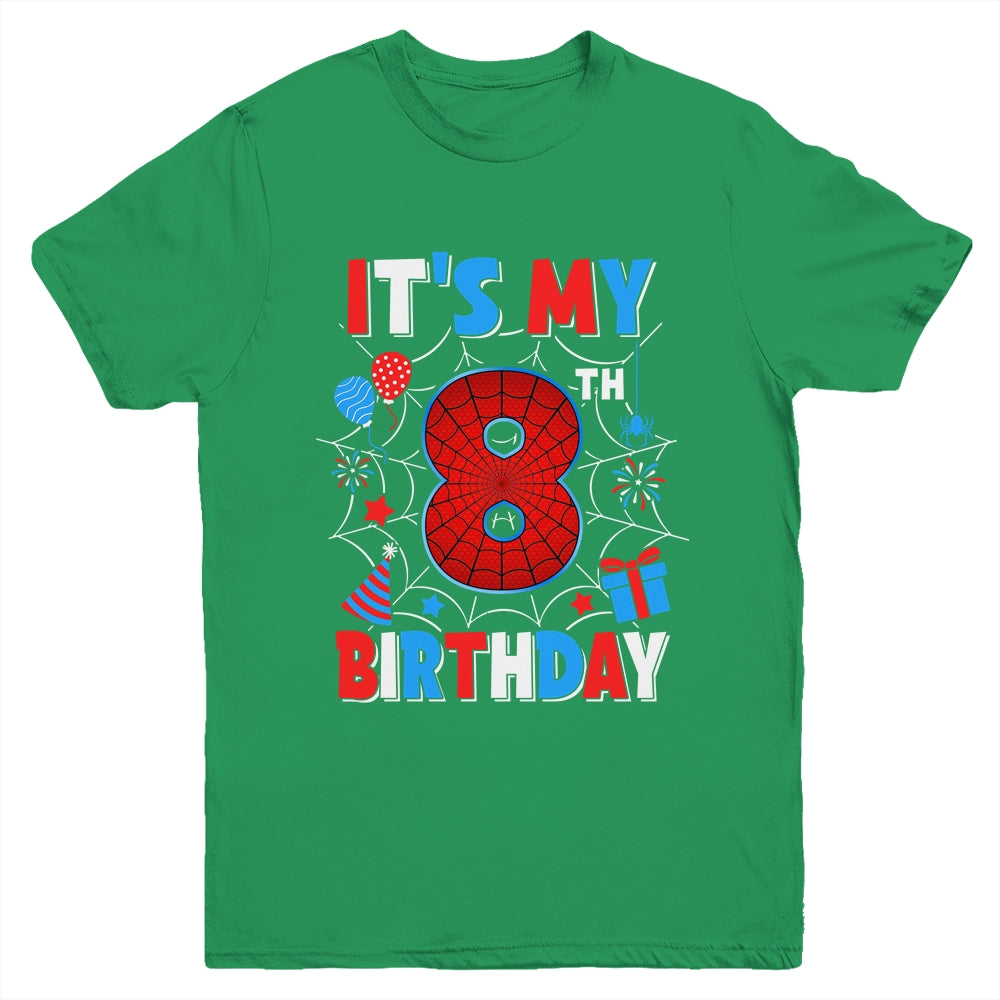 It's My 8th Birthday Spider Web Theme Party 8 Years Old Boys Youth Shirt | siriusteestore