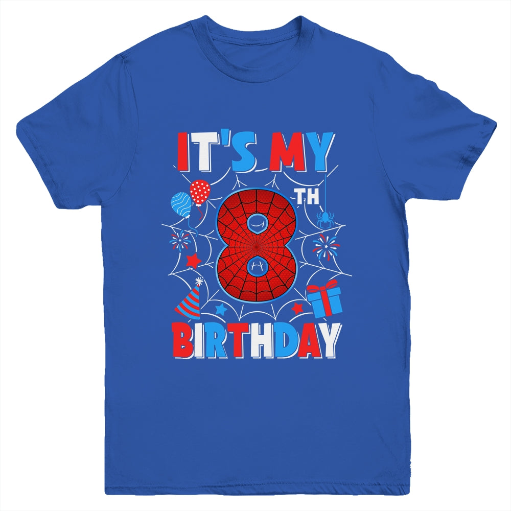 It's My 8th Birthday Spider Web Theme Party 8 Years Old Boys Youth Shirt | siriusteestore