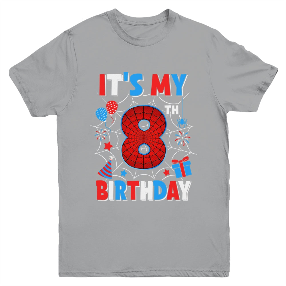 It's My 8th Birthday Spider Web Theme Party 8 Years Old Boys Youth Shirt | siriusteestore