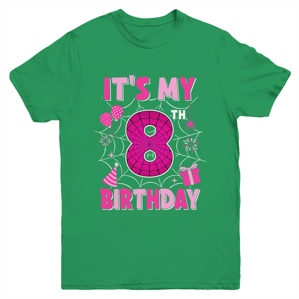 It's My 8th Birthday Spider Web Theme Party 8 Years Old Girl Youth Shirt | siriusteestore