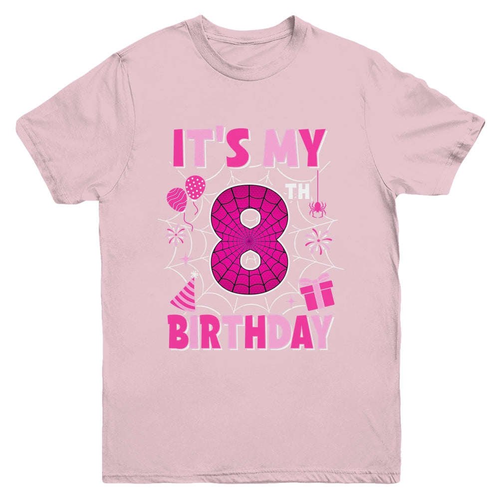 It's My 8th Birthday Spider Web Theme Party 8 Years Old Girl Youth Shirt | siriusteestore