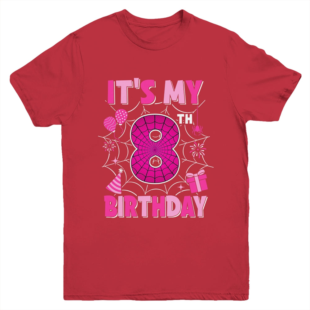 It's My 8th Birthday Spider Web Theme Party 8 Years Old Girl Youth Shirt | siriusteestore