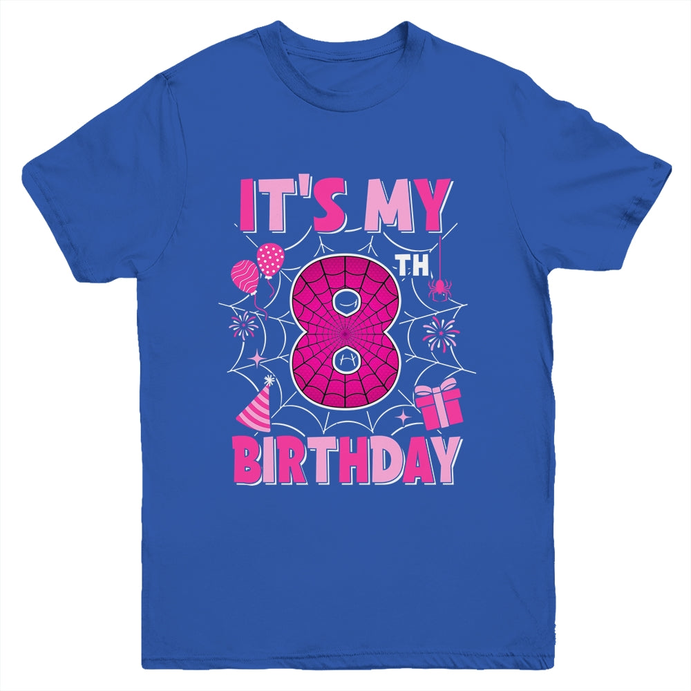 It's My 8th Birthday Spider Web Theme Party 8 Years Old Girl Youth Shirt | siriusteestore