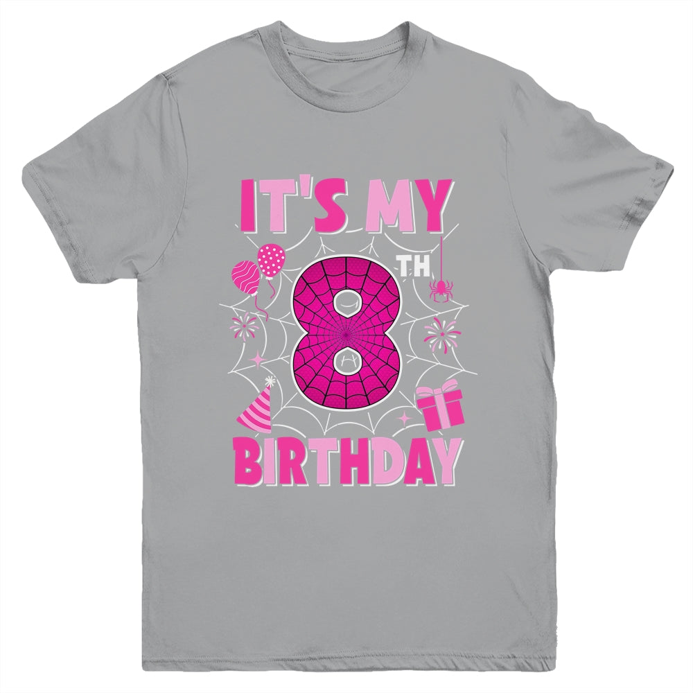 It's My 8th Birthday Spider Web Theme Party 8 Years Old Girl Youth Shirt | siriusteestore