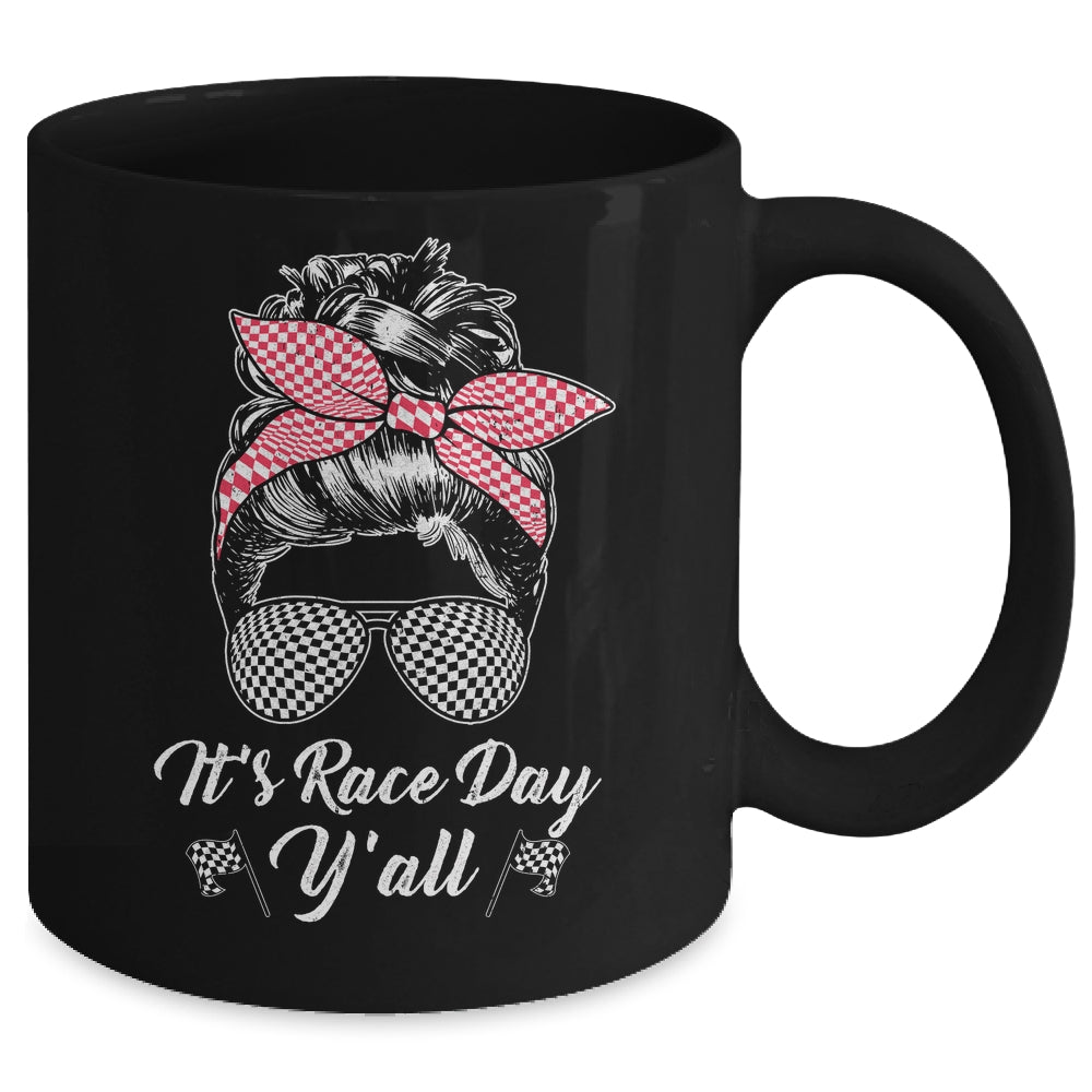 It's Race Day Y'all Checkered Flag Racing Messy Bun Design Mug | siriusteestore