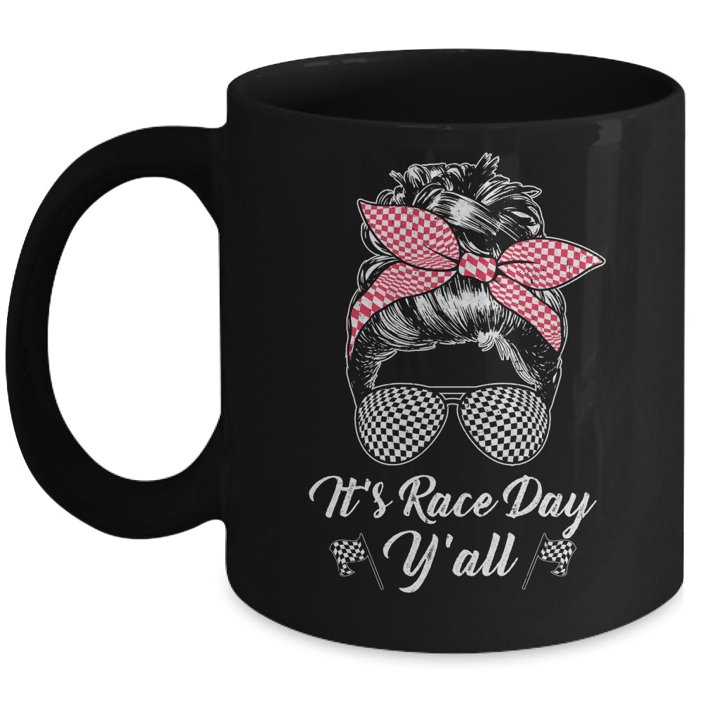It's Race Day Y'all Checkered Flag Racing Messy Bun Design Mug | siriusteestore