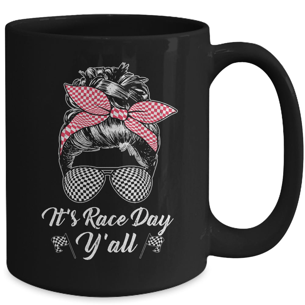It's Race Day Y'all Checkered Flag Racing Messy Bun Design Mug | siriusteestore