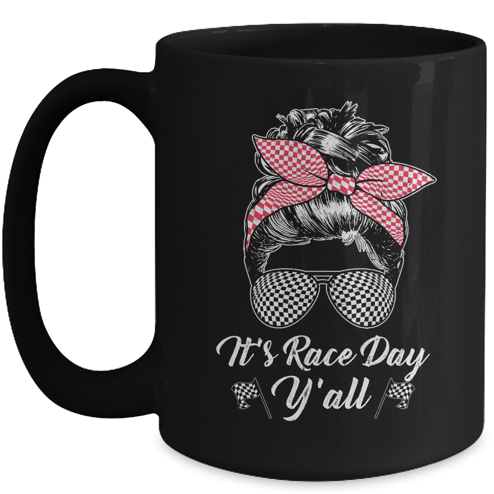It's Race Day Y'all Checkered Flag Racing Messy Bun Design Mug | siriusteestore