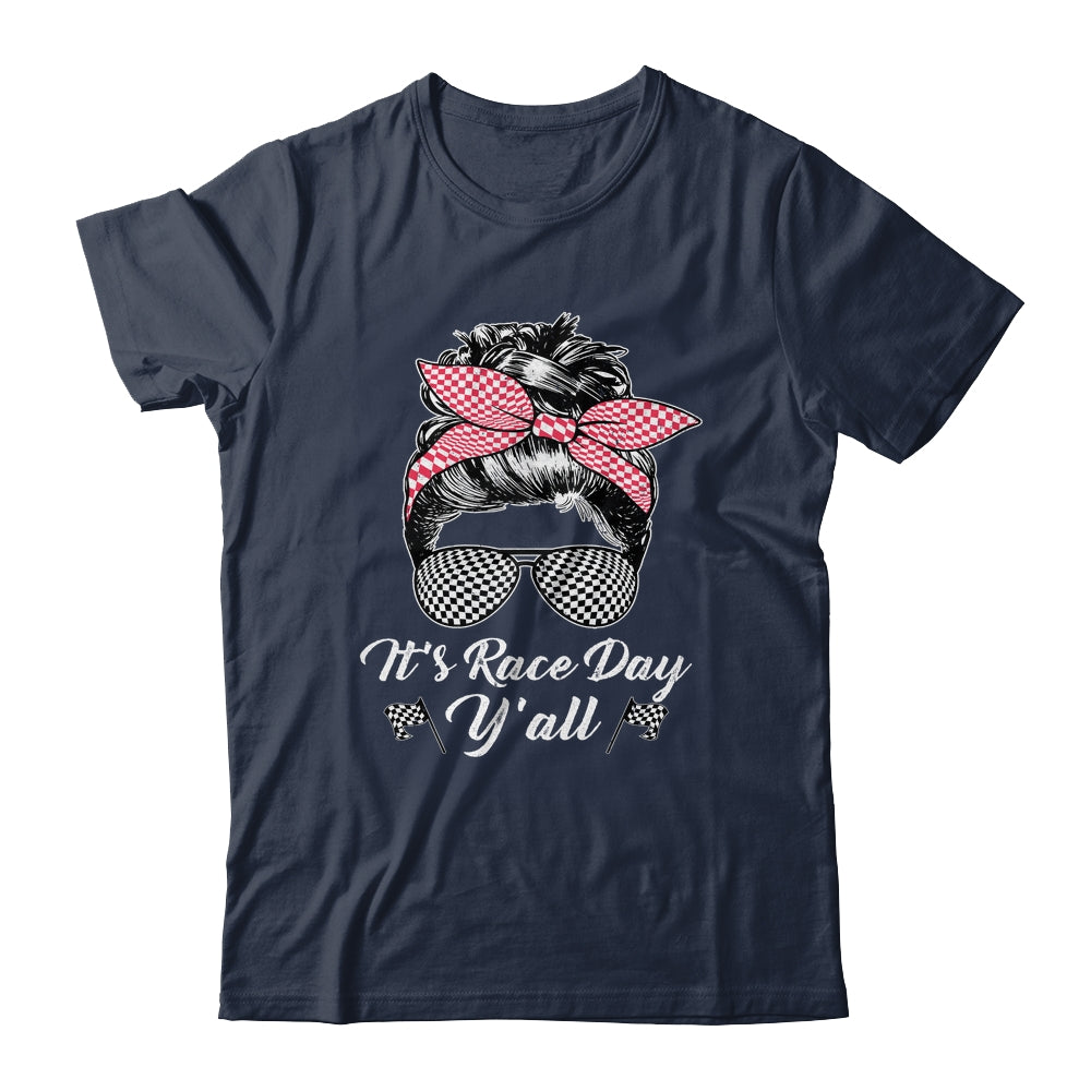 It's Race Day Y'all Checkered Flag Racing Messy Bun Design Shirt & Tank Top | siriusteestore