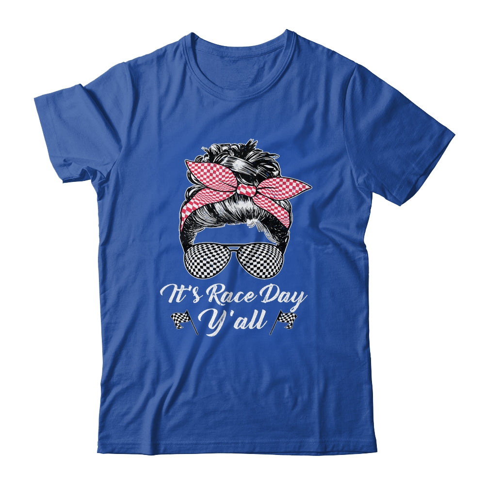 It's Race Day Y'all Checkered Flag Racing Messy Bun Design Shirt & Tank Top | siriusteestore