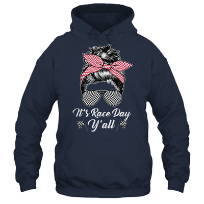 It's Race Day Y'all Checkered Flag Racing Messy Bun Design Shirt & Tank Top | siriusteestore