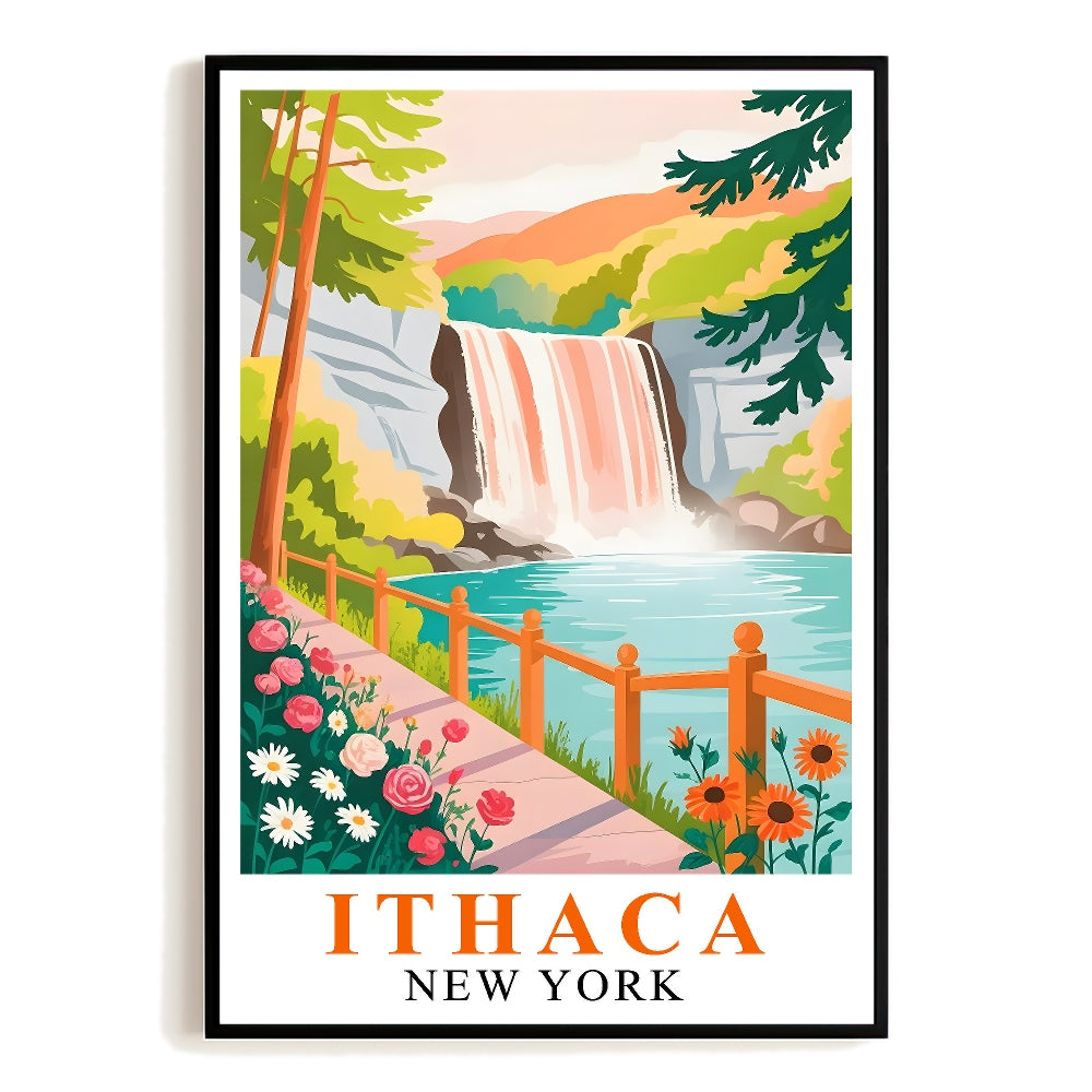 Ithaca Art Print Poster Vintage Scenic Waterfall Landmark New York Travel Souvenir Wall Art Landscape Painting Ideal For Home Living Room Office Bedroom Decor Unframed | siriusteestore