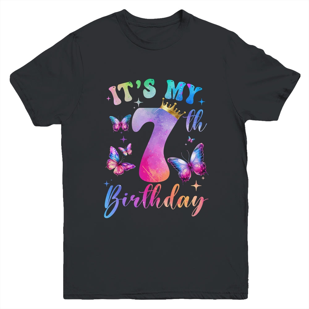 Its My 7th Birthday Girls Butterfly Theme Party 7 Year Old Youth Shirt | siriusteestore