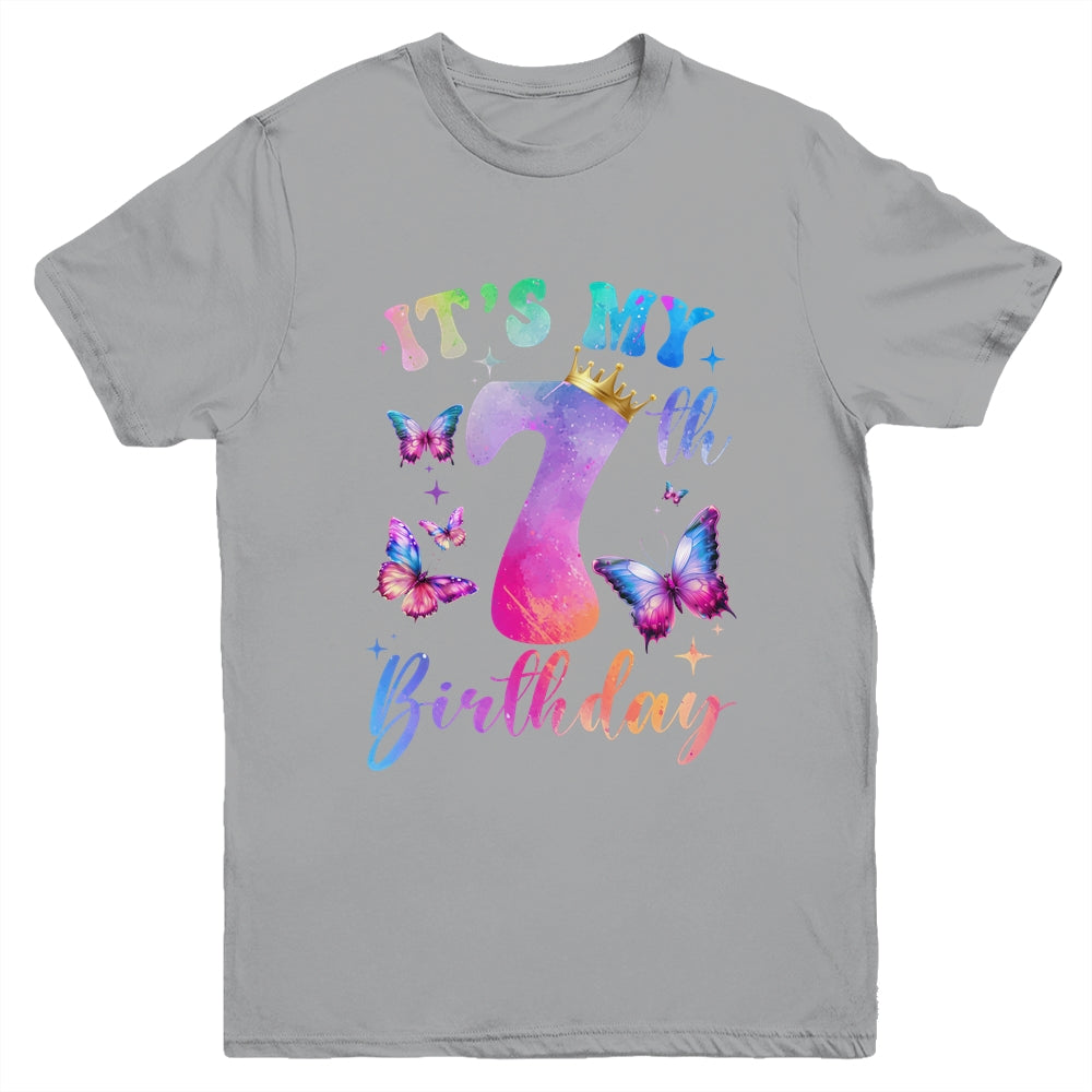 Its My 7th Birthday Girls Butterfly Theme Party 7 Year Old Youth Shirt | siriusteestore