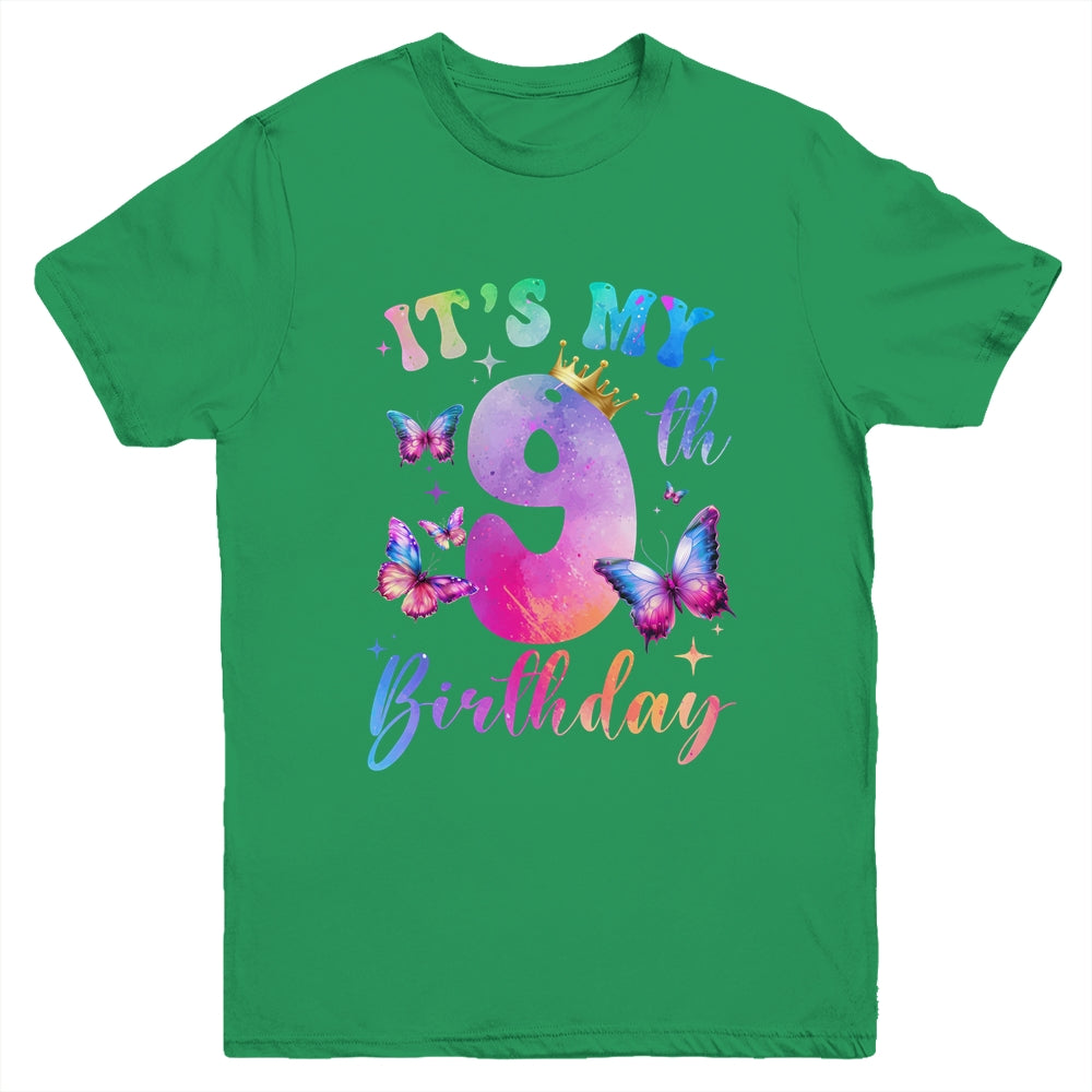 Its My 9th Birthday Girls Butterfly Theme Party 9 Year Old Youth Shirt | siriusteestore
