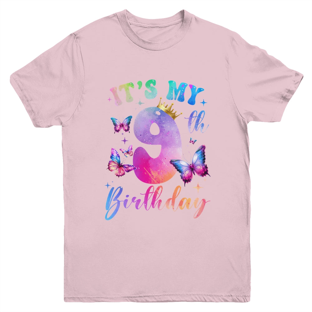 Its My 9th Birthday Girls Butterfly Theme Party 9 Year Old Youth Shirt | siriusteestore