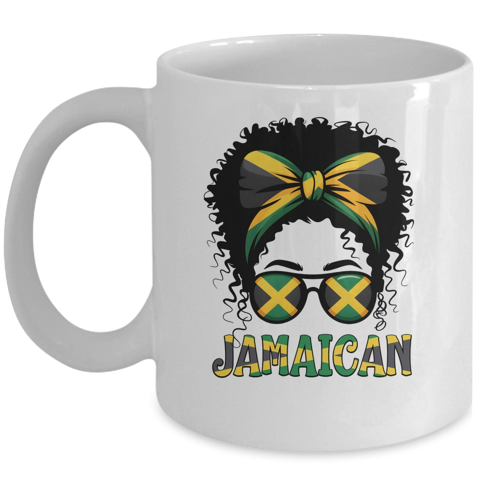 Jamaican Girl Jamaica Flag Pride Black Woman Afro Messy Bun Mug | siriusteestore