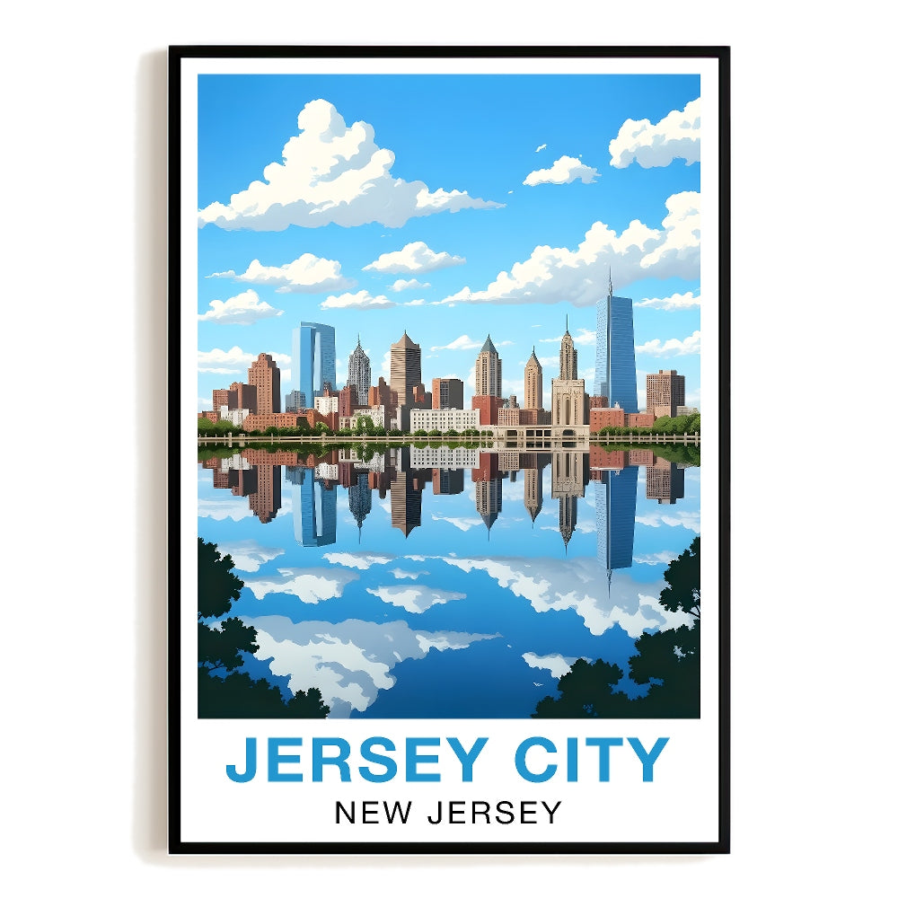 Jersey City New Jersey Travel Poster Skyline Water Reflection Souvenir Wall Art Landscape Print Painting Picture For Home Living Room Office Bedroom Decor Unframed | siriusteestore