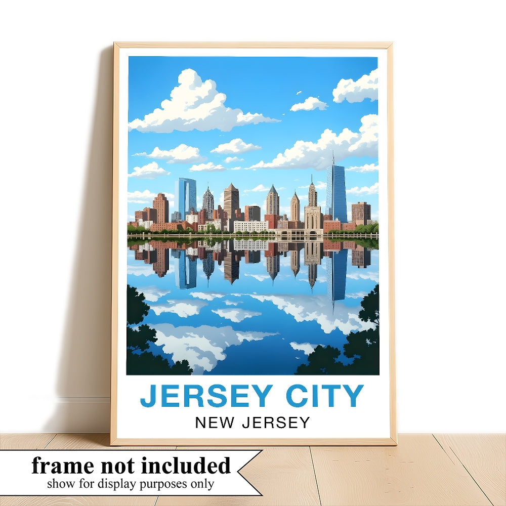 Jersey City New Jersey Travel Poster Skyline Water Reflection Souvenir Wall Art Landscape Print Painting Picture For Home Living Room Office Bedroom Decor Unframed | siriusteestore