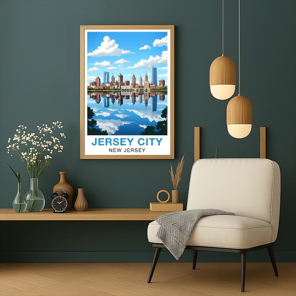 Jersey City New Jersey Travel Poster Skyline Water Reflection Souvenir Wall Art Landscape Print Painting Picture For Home Living Room Office Bedroom Decor Unframed | siriusteestore