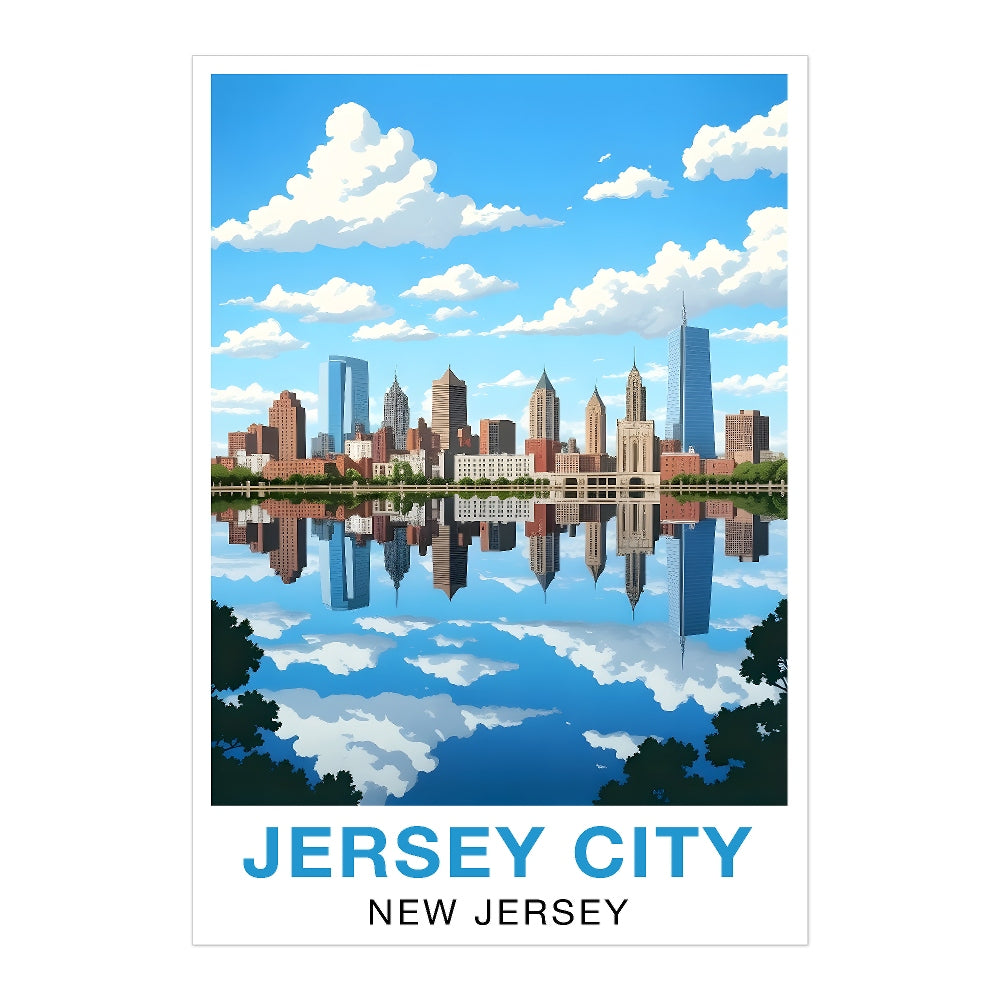 Jersey City New Jersey Travel Poster Skyline Water Reflection Souvenir Wall Art Landscape Print Painting Picture For Home Living Room Office Bedroom Decor Unframed | siriusteestore
