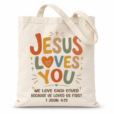Jesus Loves You Christian Tote Bag For Women Bible Verse Canvas Bag Church Gift Religious Inspirational John 4 19 Faith Tote Bags Grocery Shopping Beach Churchgoers | siriusteestore