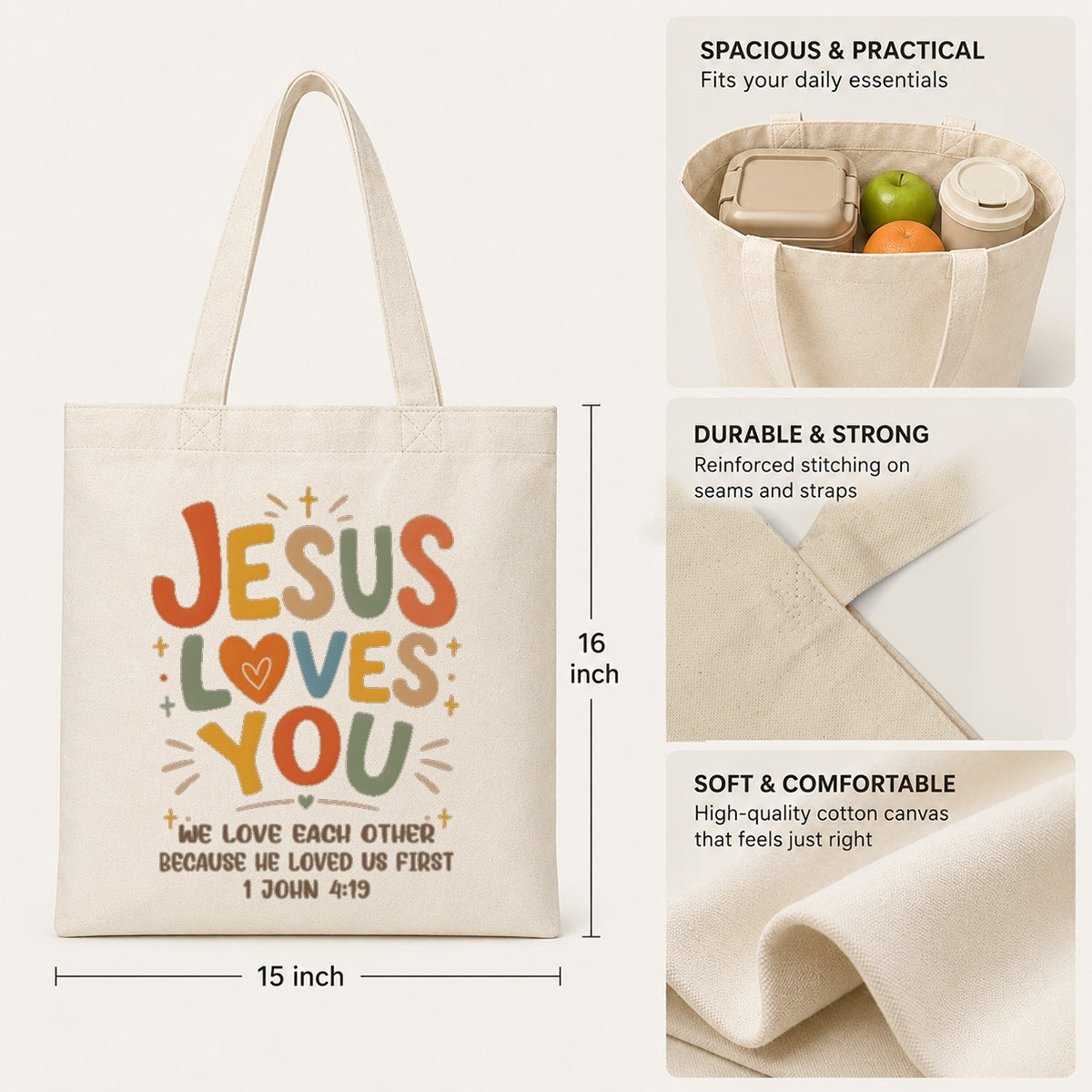 Jesus Loves You Christian Tote Bag For Women Bible Verse Canvas Bag Church Gift Religious Inspirational John 4 19 Faith Tote Bags Grocery Shopping Beach Churchgoers | siriusteestore