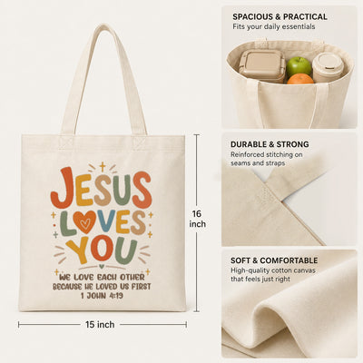 Jesus Loves You Christian Tote Bag For Women Bible Verse Canvas Bag Church Gift Religious Inspirational John 4 19 Faith Tote Bags Grocery Shopping Beach Churchgoers | siriusteestore