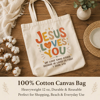 Jesus Loves You Christian Tote Bag For Women Bible Verse Canvas Bag Church Gift Religious Inspirational John 4 19 Faith Tote Bags Grocery Shopping Beach Churchgoers | siriusteestore