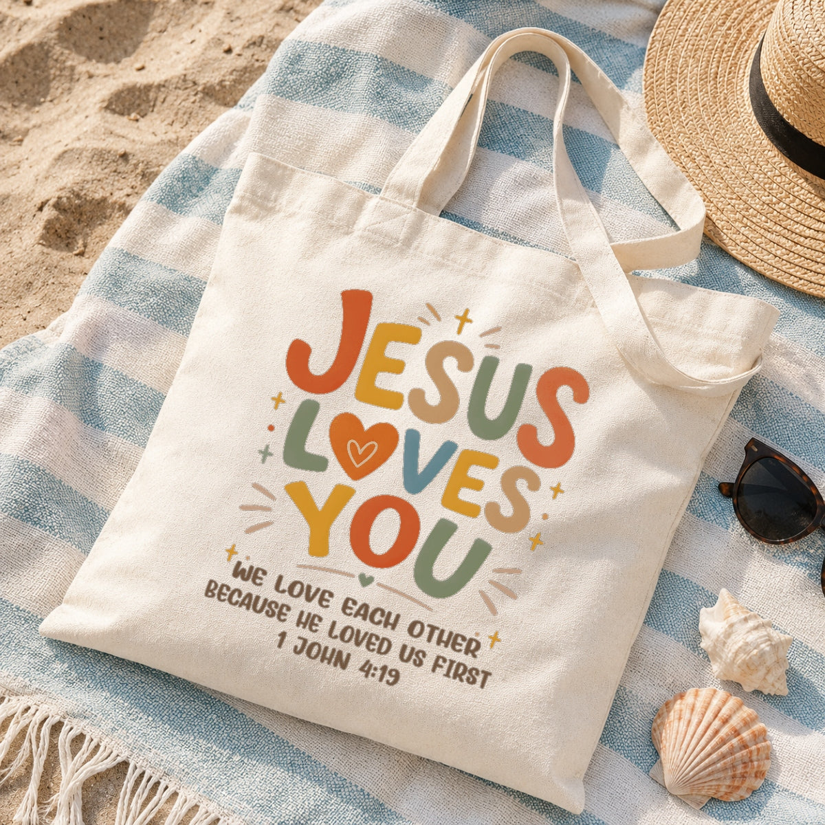 Jesus Loves You Christian Tote Bag For Women Bible Verse Canvas Bag Church Gift Religious Inspirational John 4 19 Faith Tote Bags Grocery Shopping Beach Churchgoers | siriusteestore