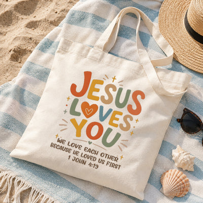 Jesus Loves You Christian Tote Bag For Women Bible Verse Canvas Bag Church Gift Religious Inspirational John 4 19 Faith Tote Bags Grocery Shopping Beach Churchgoers | siriusteestore