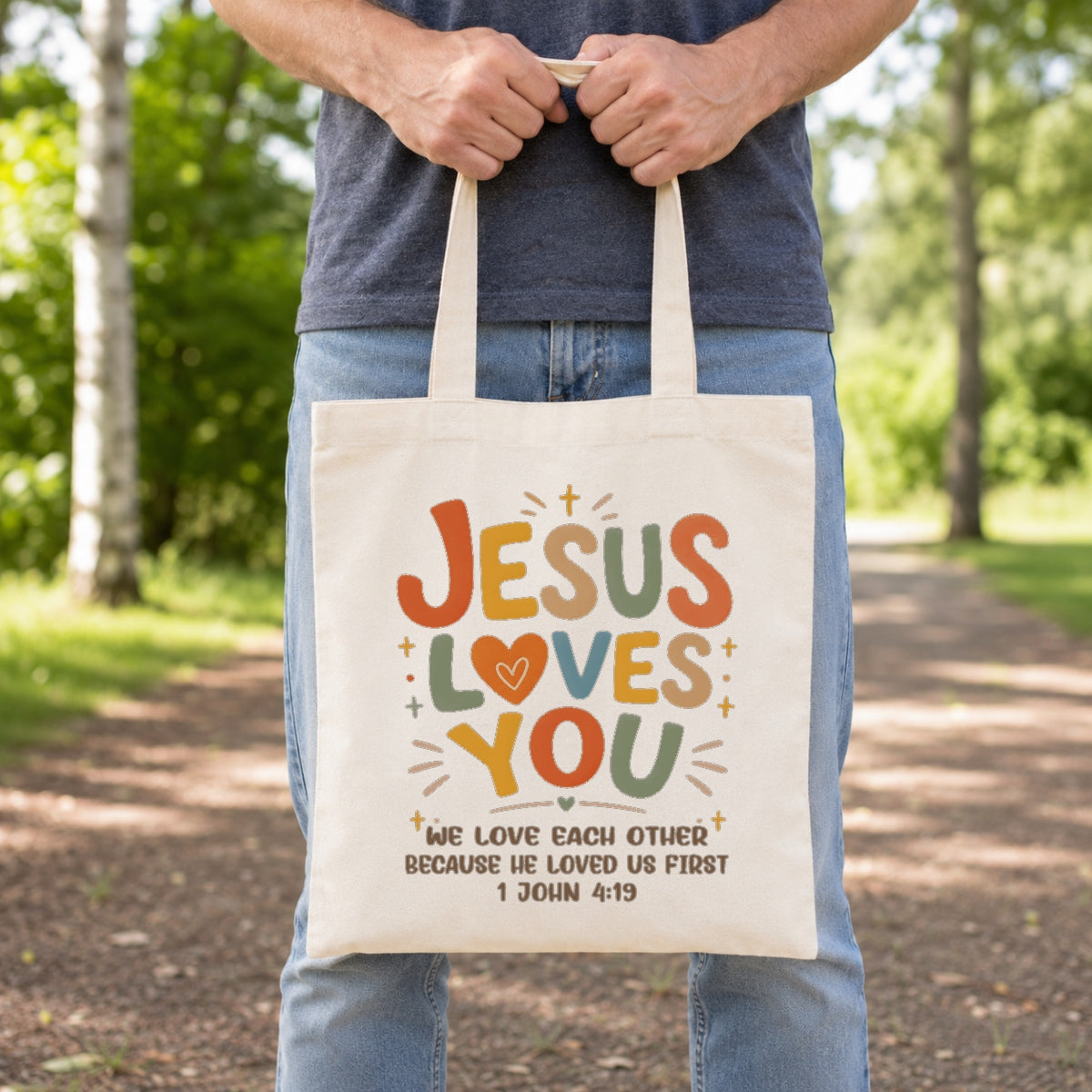 Jesus Loves You Christian Tote Bag For Women Bible Verse Canvas Bag Church Gift Religious Inspirational John 4 19 Faith Tote Bags Grocery Shopping Beach Churchgoers | siriusteestore