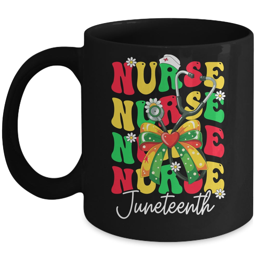 Juneteenth Nurse Groovy African Scrubs Top Bow Black Women Mug | siriusteestore