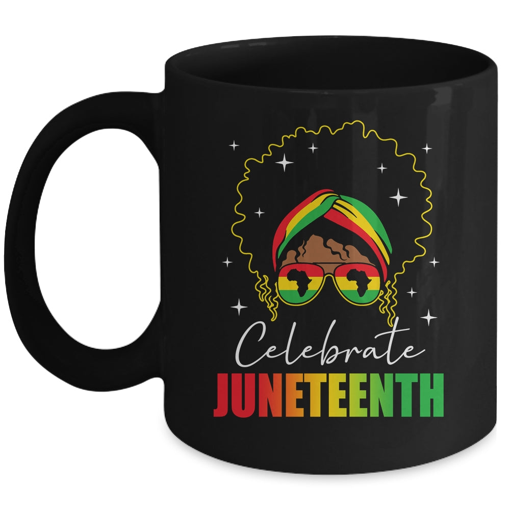 Juneteenth Outfit African Women Messy Bun Eye Glasses Mug | siriusteestore