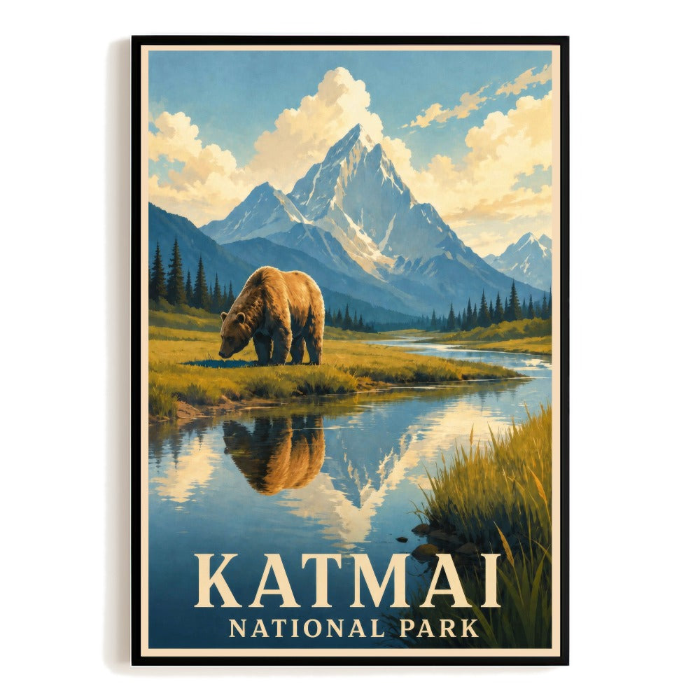 Katmai National Park Alaska Travel Poster Bear Mountain Landscape Vintage Wall Art Print Nature Adventure Souvenir For Home Living Room Office Bedroom Decor Unframed | siriusteestore