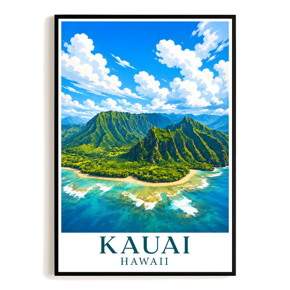 Kauai Hawaii Hawaiian Archipelago Vintage Travel Poster Aerial Beach Mountain Landscape Wall Art Decor Souvenir Print For Home Living Room Office Bedroom Unframed | siriusteestore