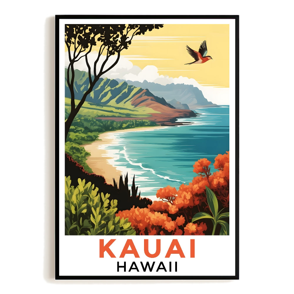 Kauai Hawaii Vintage Art Poster Ocean And Mountain Retro Hawaiian Travel Souvenir Wall Art Print Landscape Painting Ideal For Home And Office Living Room Decor Unframed | siriusteestore