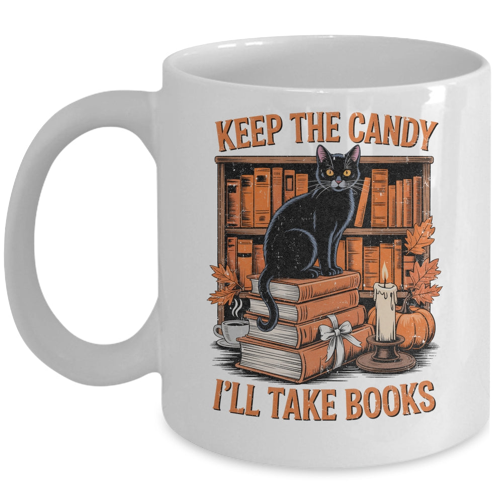 Keep The Candy I'll Take Books Lover Halloween Cat Teacher Mug | siriusteestore