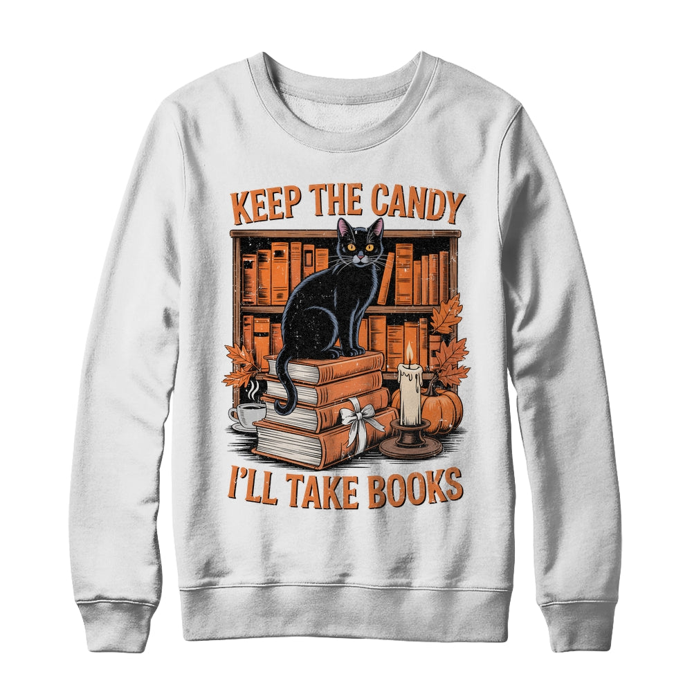 Keep The Candy I'll Take Books Lover Halloween Cat Teacher Shirt & Sweatshirt | siriusteestore