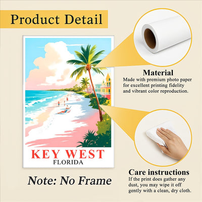 Key West Print Travel Poster Tropical Beach Palm Trees Florida Souvenir Wall Art Landscape Painting Picture Ideal For Home Living Room Office Bedroom Decor Unframed | siriusteestore