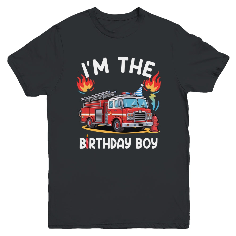Kids Birthday Boy Fire Truck Firefighter Bday Party Theme Youth Shirt | siriusteestore