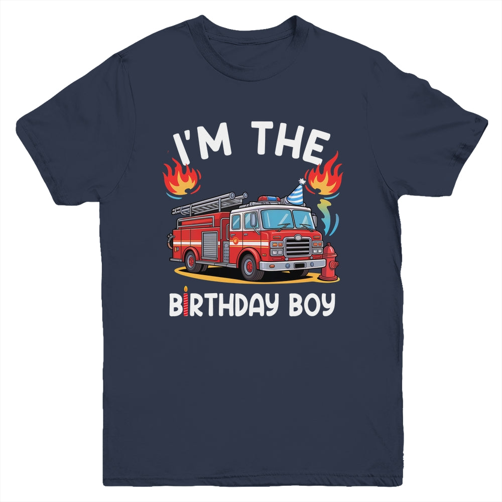 Kids Birthday Boy Fire Truck Firefighter Bday Party Theme Youth Shirt | siriusteestore