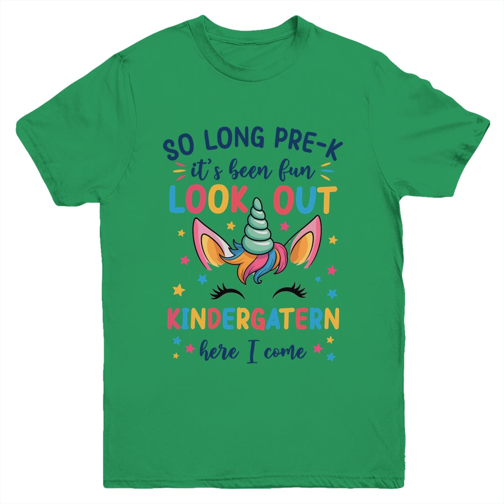 Kids So Long Pre-K It's Been Fun Kindergarten Here I Come Youth Shirt | siriusteestore