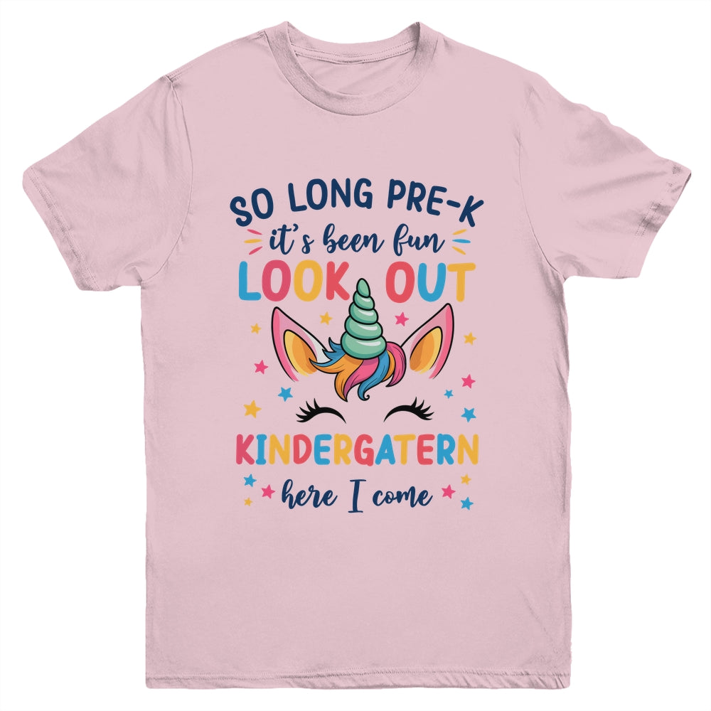 Kids So Long Pre-K It's Been Fun Kindergarten Here I Come Youth Shirt | siriusteestore