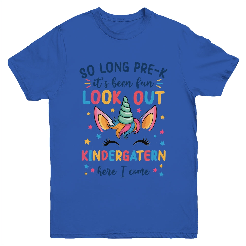 Kids So Long Pre-K It's Been Fun Kindergarten Here I Come Youth Shirt | siriusteestore