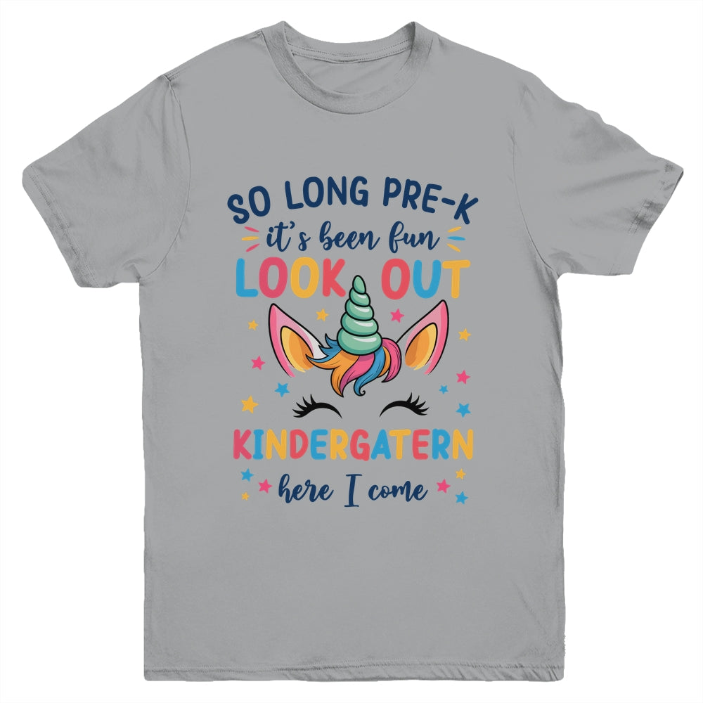 Kids So Long Pre-K It's Been Fun Kindergarten Here I Come Youth Shirt | siriusteestore