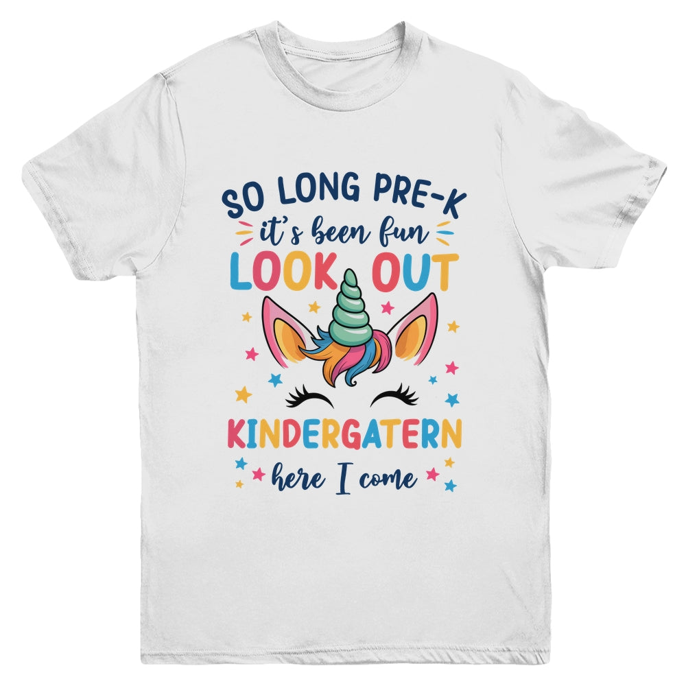 Kids So Long Pre-K It's Been Fun Kindergarten Here I Come Youth Shirt | siriusteestore